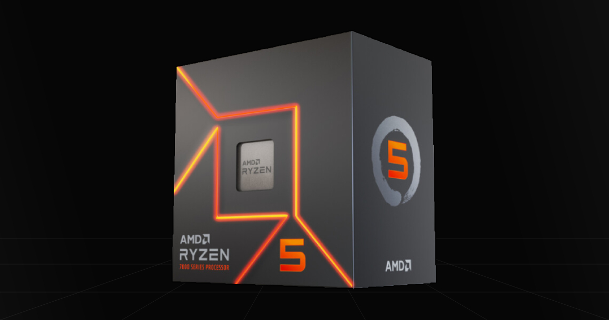 Front profile view of the AMD Ryzen 7 7500F CPU on a black backdrop.