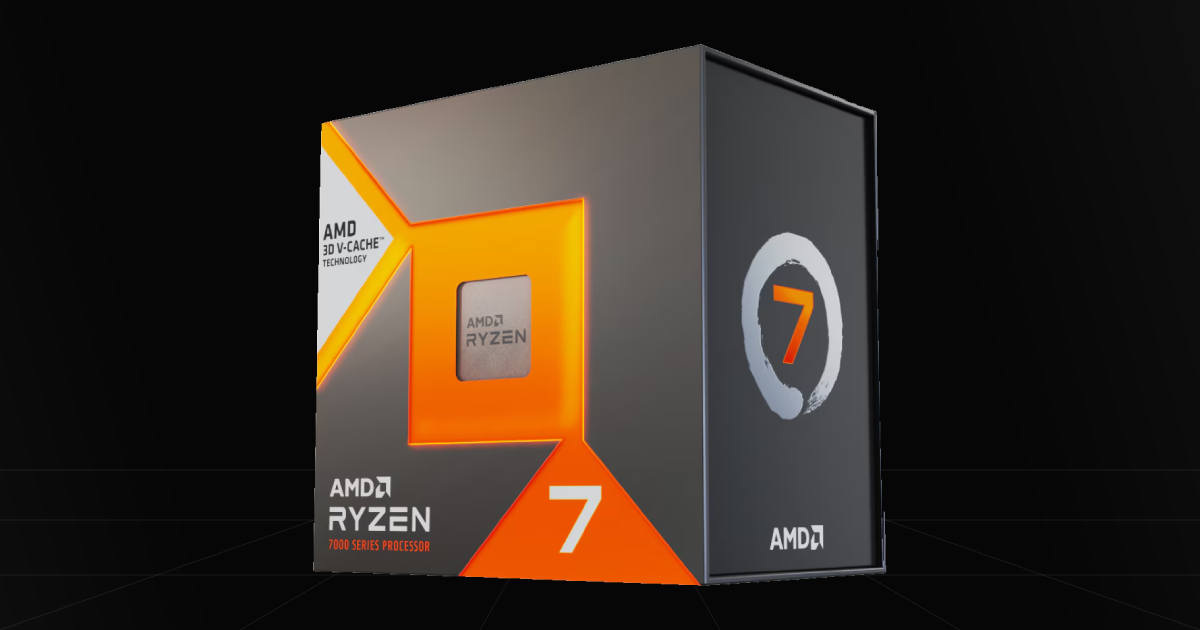 Front profile view of the AMD Ryzen 7 7800X3D CPU on a black backdrop.