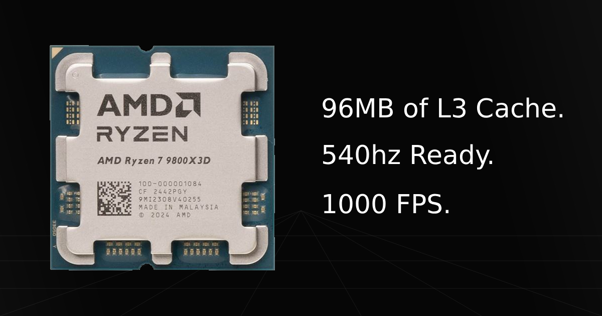 Front profile view of the AMD Ryzen 7 9800X3D cpu with overlay text listing three key specifications and features: 96MB of L3 Cache, 540Hz Ready, and 1000 FPS.