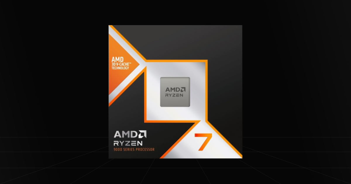 Front profile view of the AMD Ryzen 7 9850X3D CPU on a black backdrop.