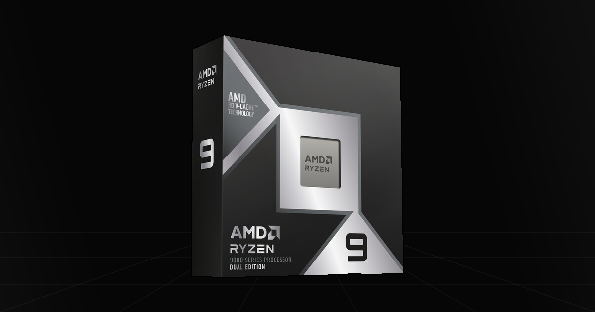 Front profile view of the AMD Ryzen 9 9950X3D2 CPU on a black backdrop.