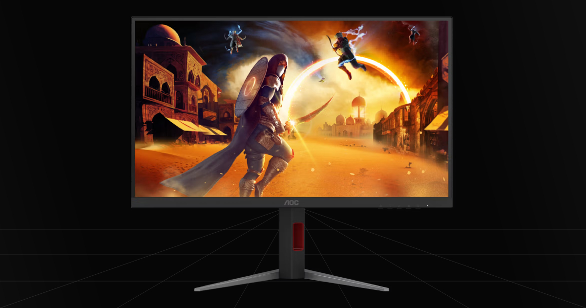 Front profile view of the AOC U27G4XM 27in Mini-LED Dual Mode gaming monitor on a black backdrop.