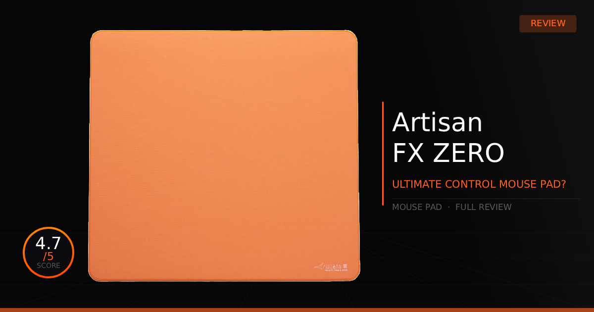 Top-down view of the Artisan FX Zero XSOFT gaming mousepad on a dark backdrop, featuring overlay text that displays a review rating of 4.7 out of 5.