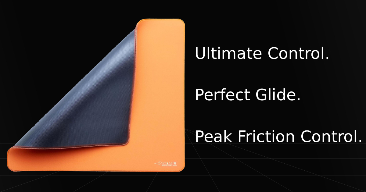 Top-down front and rolled back profile view of the Artisan FX Zero XSOFT gaming mousepad with overlay text listing three key specifications and features: Ultimate Control, Perfect Glide, and Peak Friction Control.