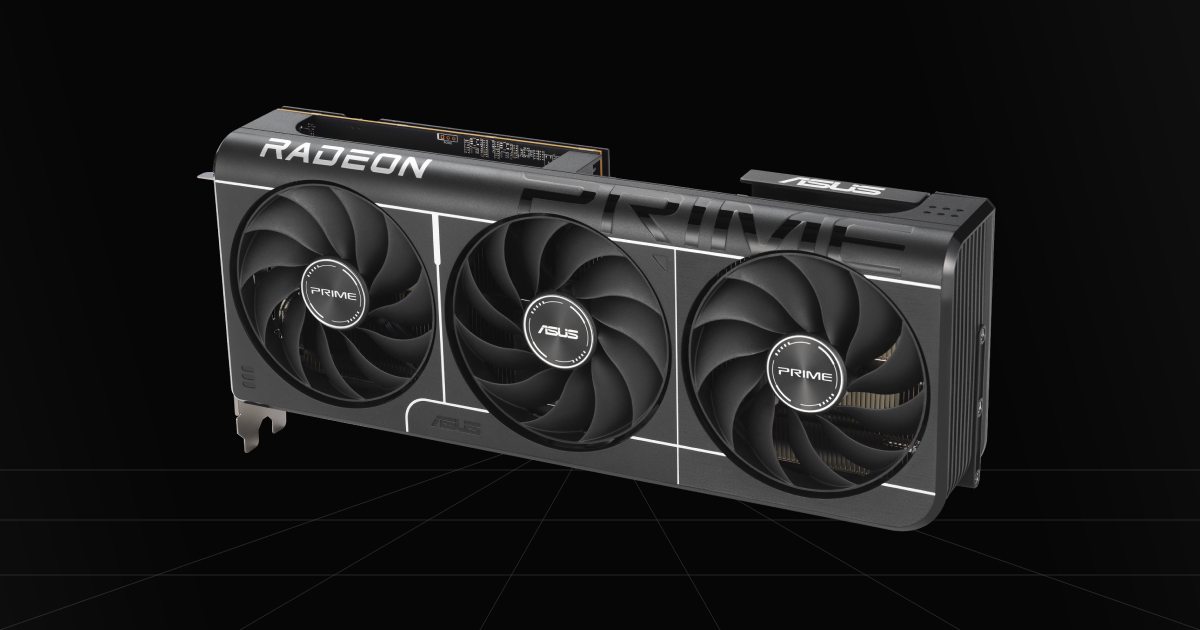 Front profile view of the ASUS Prime RX 9070 GRE EVO OC gaming graphics card on a black backdrop.