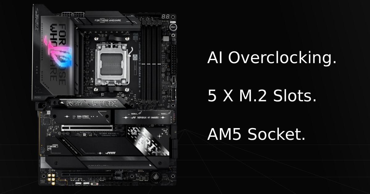 Front profile view of the ASUS ROG Strix X870E-E Gaming WiFi motherboard with overlay text listing three key specifications and features: AI Overclocking, 5 x M.2 Slots, and AM5 Socket.
