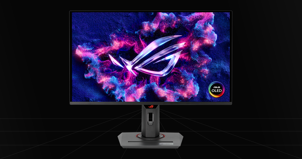 Front profile view of the ASUS ROG Strix XG27ACDNG 360Hz QD-OLED gaming monitor on a black backdrop.