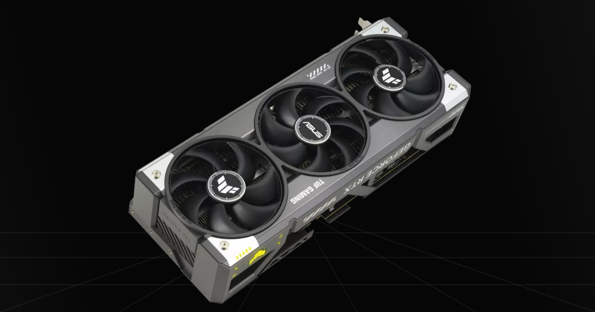 Front profile view of the ASUS TUF RTX 5080 OC gaming graphics card on a black backdrop.