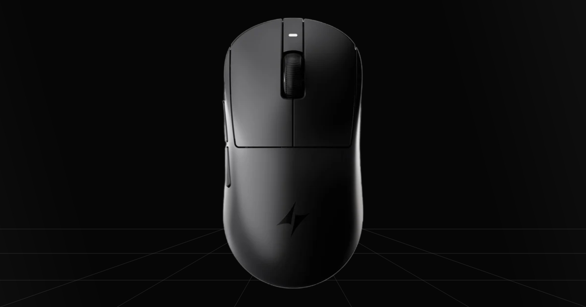 Top down profile view of the ATK Dragonfly A9 Mini+ gaming mouse on a black backdrop.