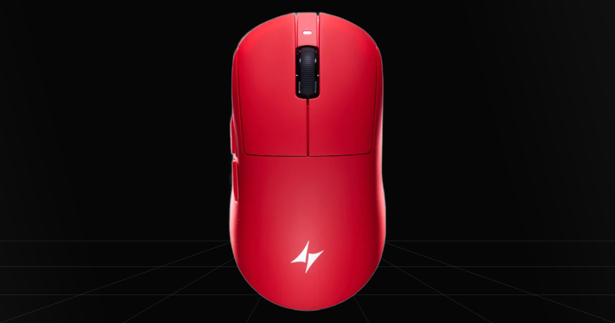 Top down profile view of the ATK Dragonfly A9 Ultimate gaming mouse on a black backdrop.