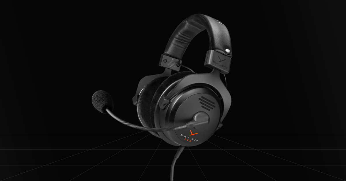 Front profile view of the Beyerdynamic MMX 330 Pro gaming headset on a black backdrop.