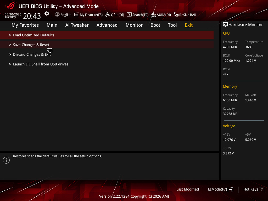 How to navigate in ROG BIOS to the Exit page, then save changes & reset to apply all new modified settings.