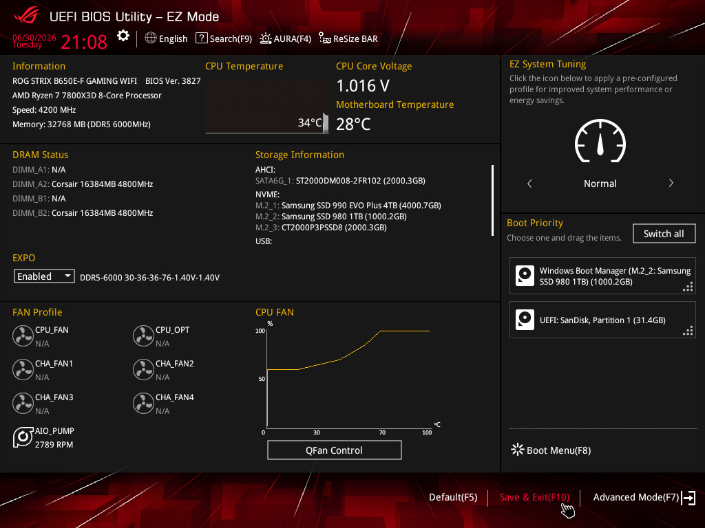 How to save and exit inside of ROG BIOS EZ Mode page.