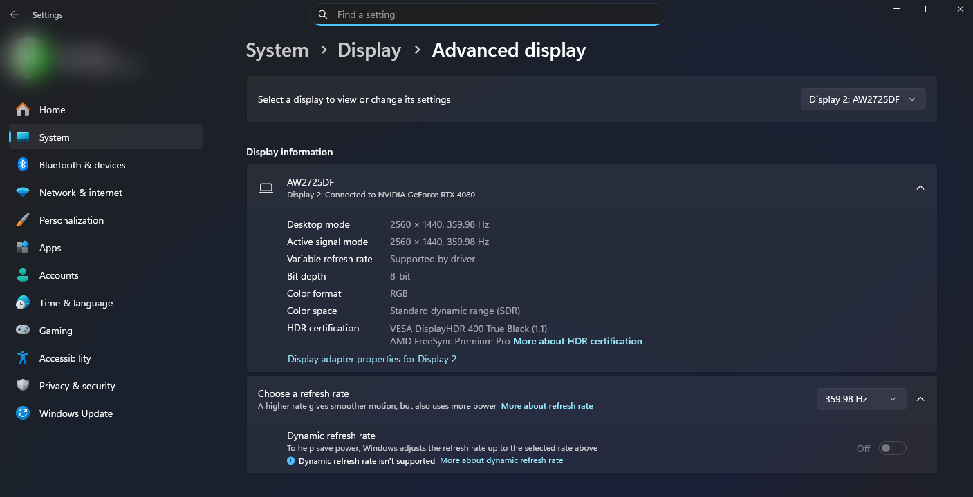Navigating to advanced display in windows 11 to change the monitor refresh rate.