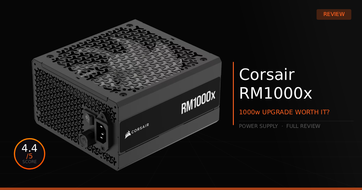 Front view of the Corsair RM1000x power supply on a dark backdrop, featuring overlay text that displays a review rating of 4.4 out of 5.