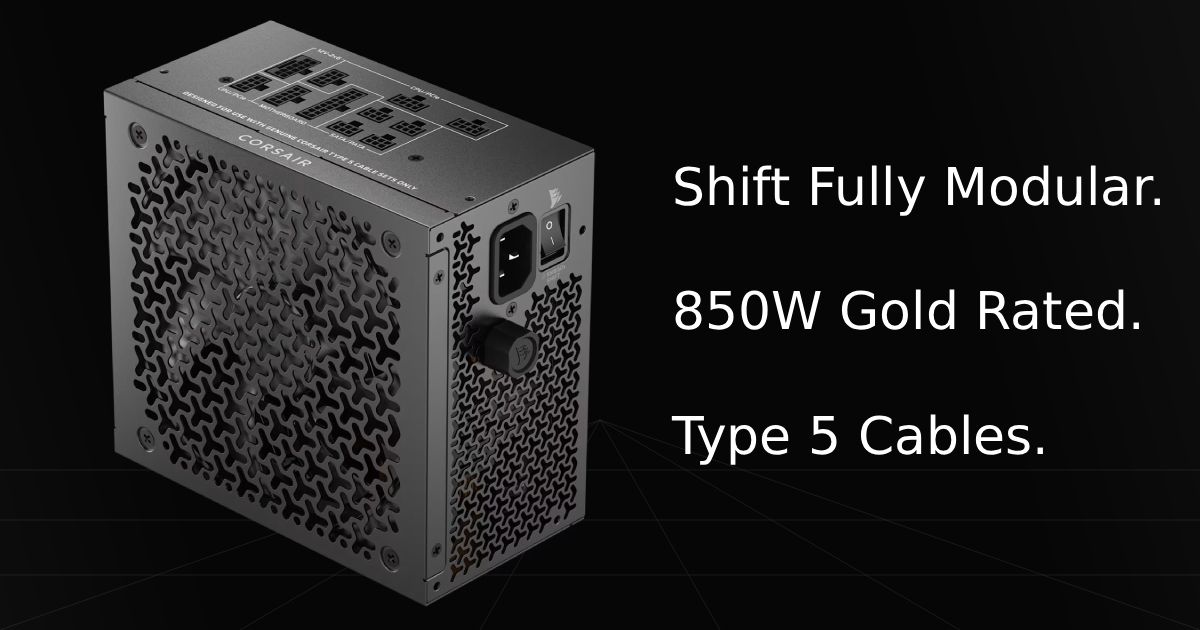 Front profile view of the Corsair RM850x Shift PSU with overlay text listing three key specifications and features: Shift Fully Modular, 850W Gold Rated, and Type 5 Cables.