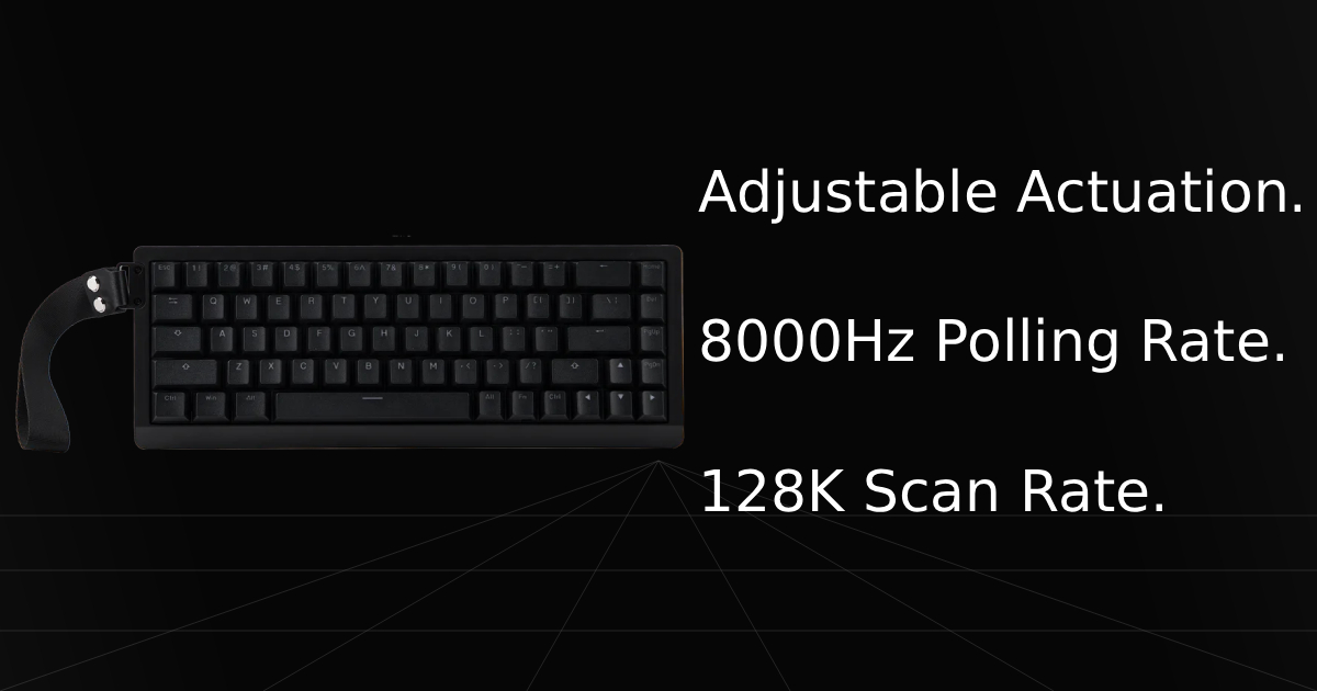 Top-down view of the EPOMAKER HE68 Lite gaming keyboard with overlay text listing three key specifications and features: Adjustable Actuation, 8000Hz, and 128K Scan Rate.
