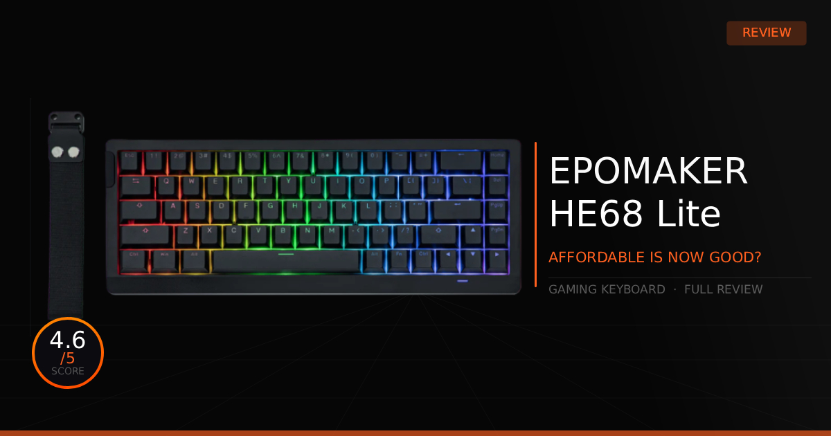 Top-down view of the EPOMAKER HE68 Lite gaming keyboard on a dark backdrop, featuring overlay text that displays a review rating of 4.6 out of 5.