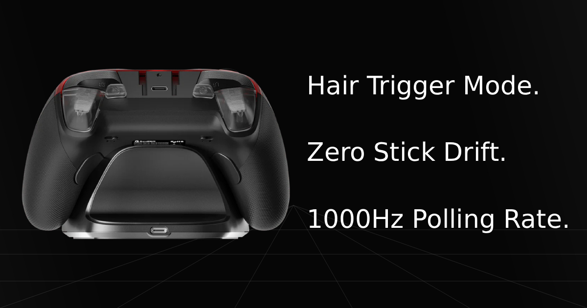 Back side view of the GameSir G7 Pro PC & Xbox gaming controller with overlay text listing three key specifications and features: Hair Trigger Mode, Zero Stick Drift, and 1000Hz Polling Rate.