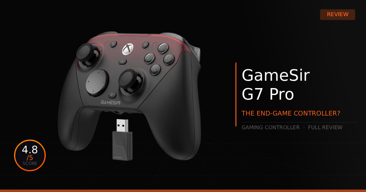 Front view of the GameSir G7 Pro PC & Xbox gaming controller on a dark backdrop, featuring overlay text that displays a review rating of 4.8 out of 5.