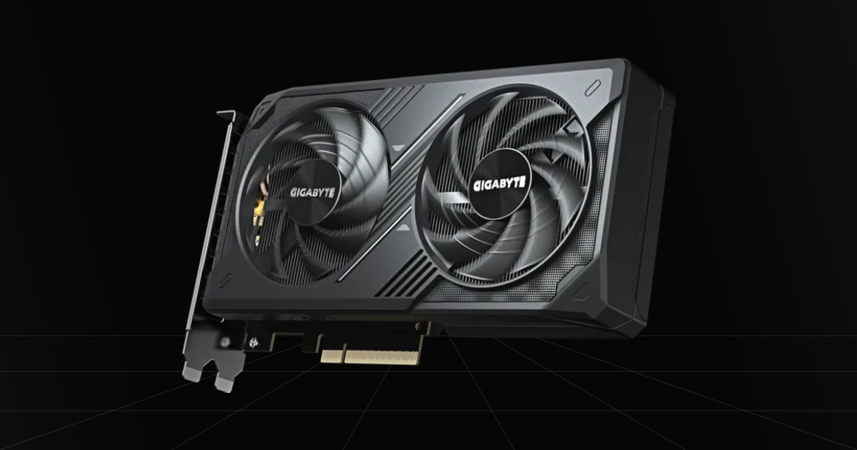 Front profile view of the GIGABYTE RTX 5060 WINDFORCE OC gaming graphics card on a black backdrop.