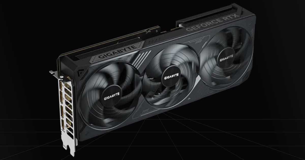 Front profile view of the GIGABYTE RTX 5070 Ti WINDFORCE OC gaming graphics card on a black backdrop.