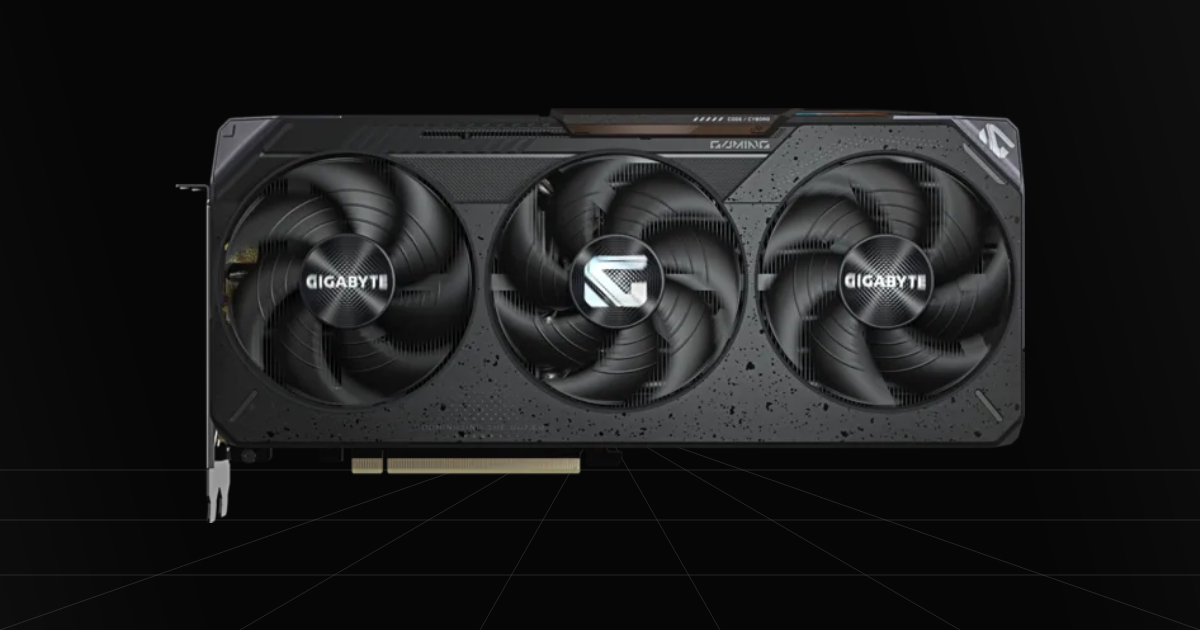 Front profile view of the GIGABYTE RX 9070 XT OC gaming graphics card on a black backdrop.