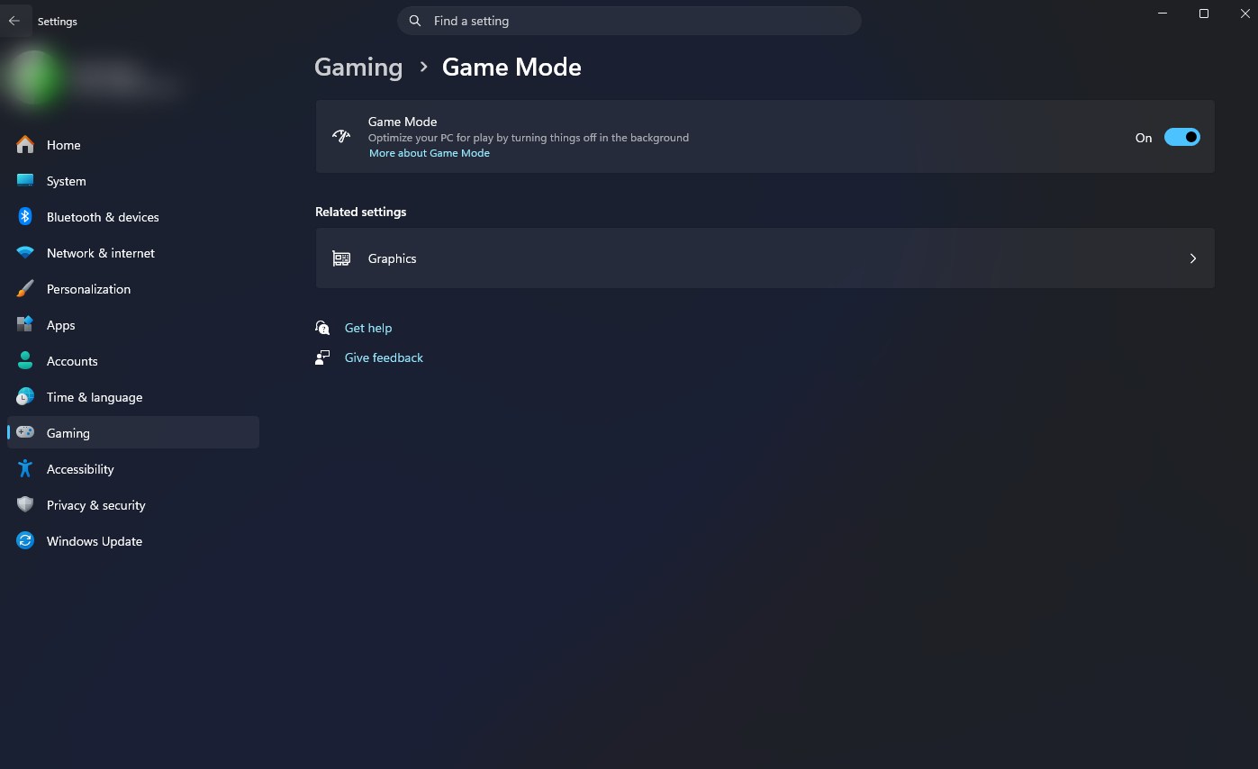 How to navigate and enable Game Mode in windows settings.