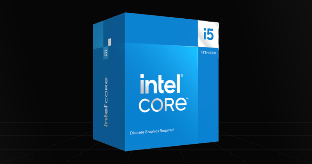Front profile view of the Intel Core i5-14400F CPU on a black backdrop.