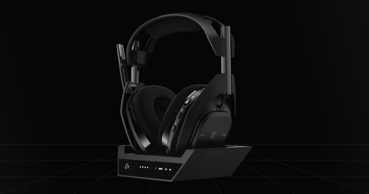 Front profile view of the Logitech Astro A50 X gaming headset on a black backdrop.