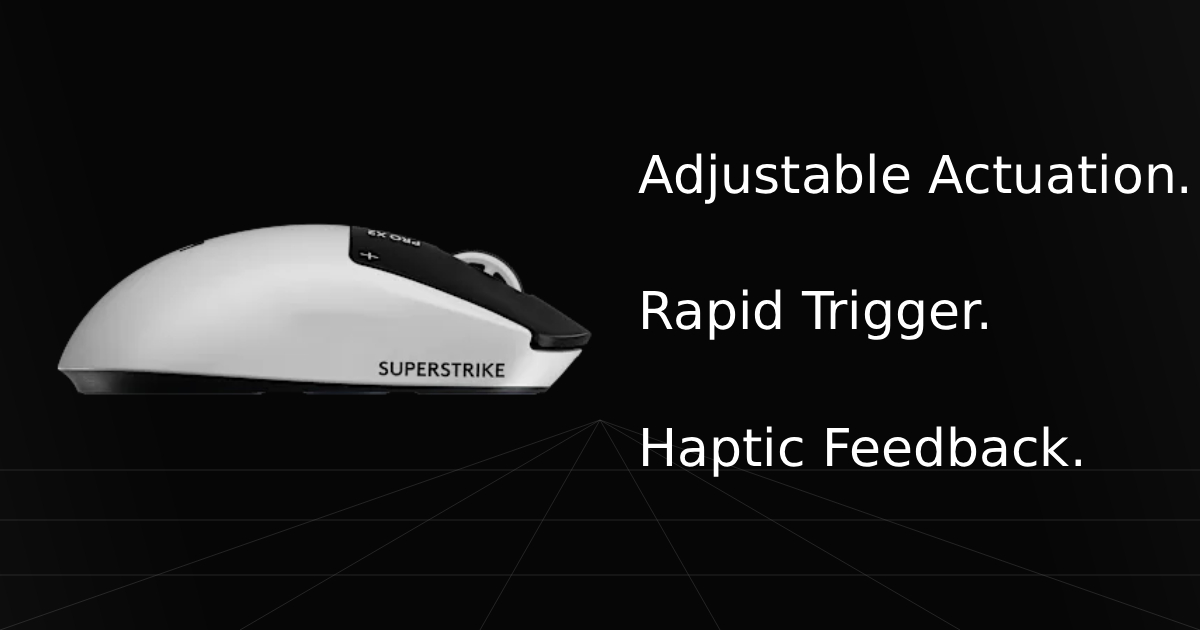 Right side view of the Logitech G PRO X2 SUPERSTRIKE gaming mouse with overlay text listing three key specifications and features: Adjustable Actuation, Rapid Trigger, and Haptic Feedback.