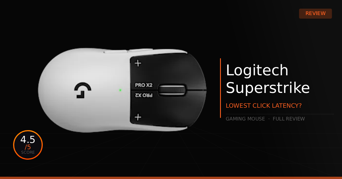 Top-down view of the Logitech G PRO X2 SUPERSTRIKE gaming mouse on a dark backdrop, featuring overlay text that displays a review rating of 4.5 out of 5.