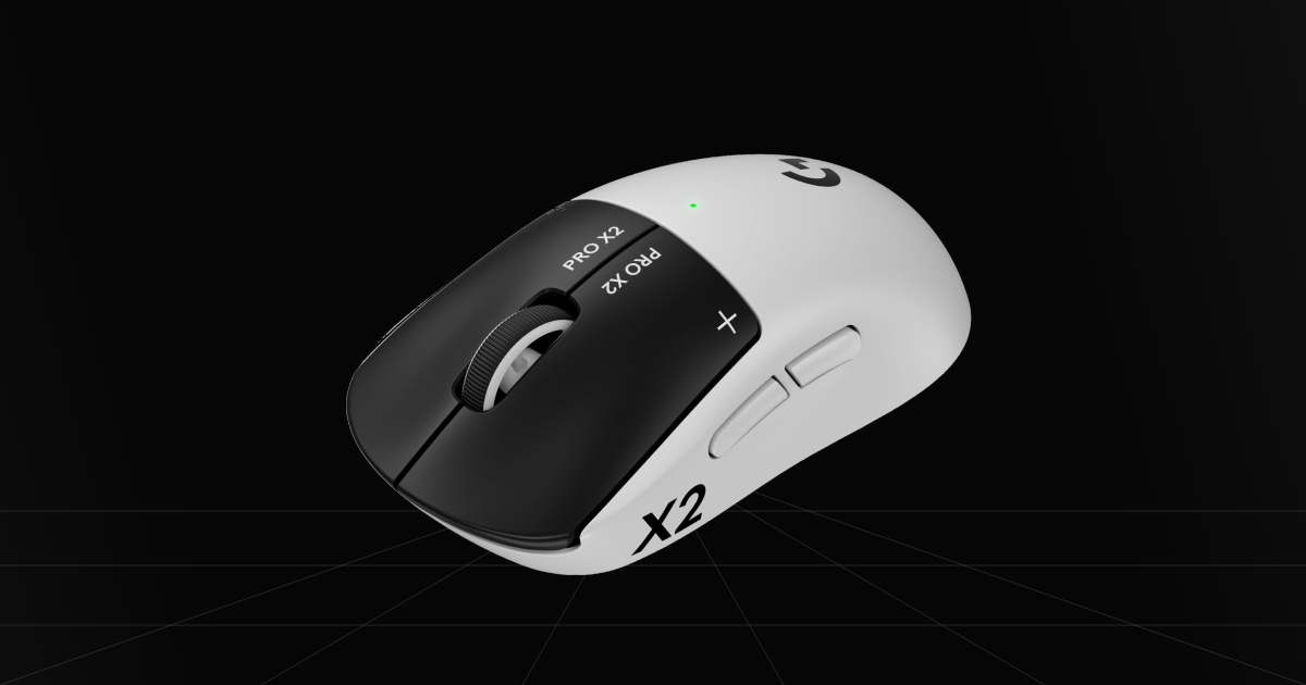 Front profile view of the Logitech G PRO X2 Superstrike gaming mouse on a black backdrop.