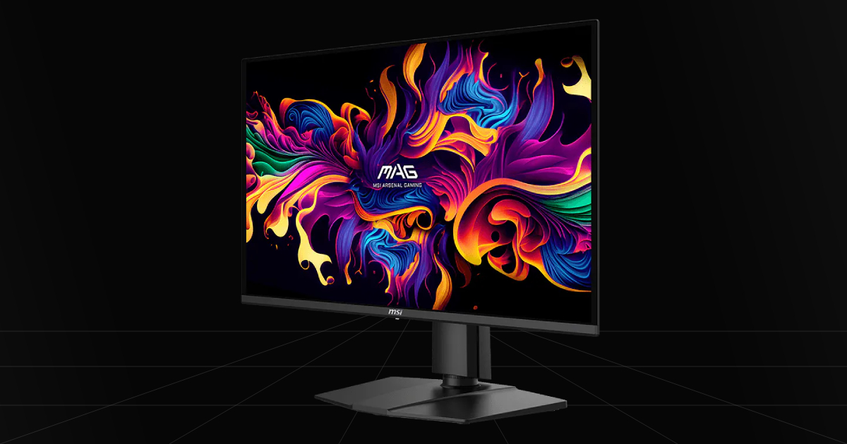 Front profile view of the MSI MAG 274QP X24 240Hz QD-OLED gaming monitor on a black backdrop.