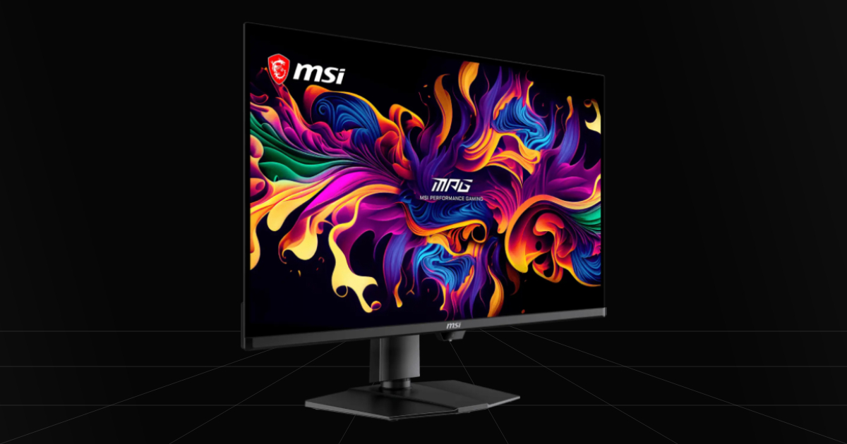 Front profile view of the MSI MPG 322UR X24 Penta Tandem QD-OLED gaming monitor on a black backdrop.