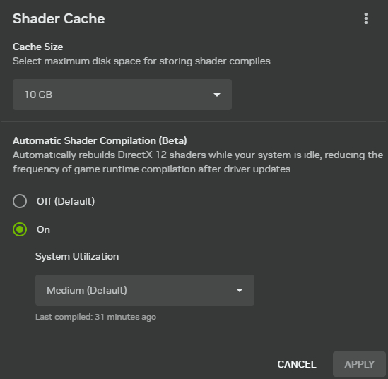 Image of how to enable NVIDIA App automatic shader compilation.