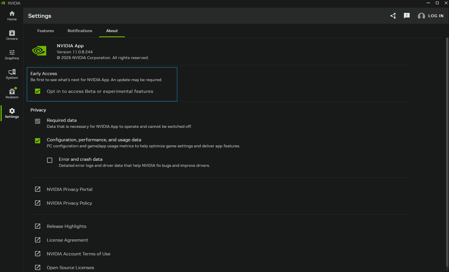 Image of how to opt in for NVIDIA App experimental features.