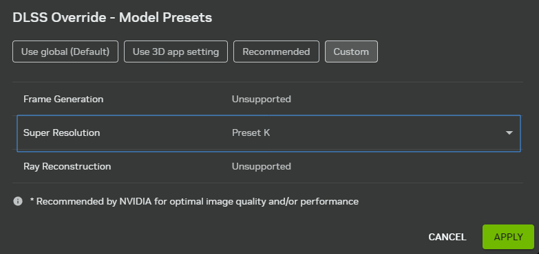 Image of best NVIDIA App DLSS Model Preset options.