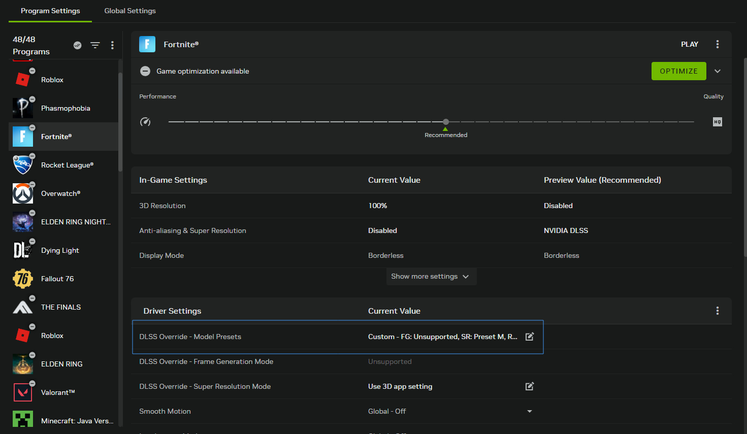 Image of how to edit NVIDIA App DLSS Override Model Presets setting.