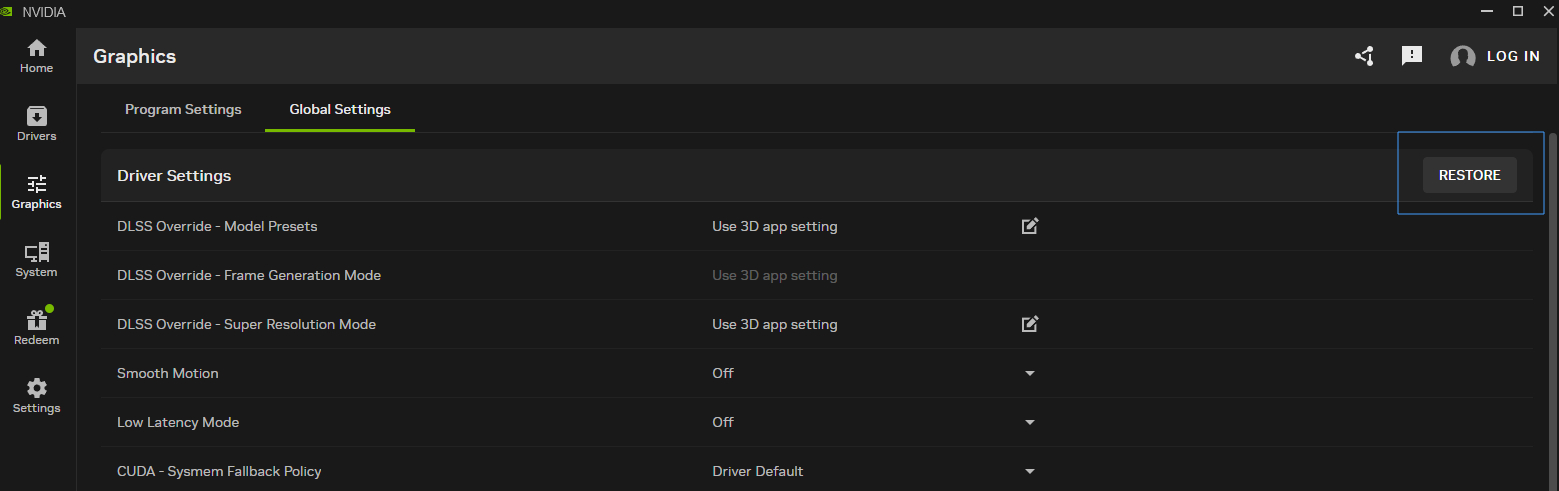 Image of how to restore NVIDIA App Global settings.