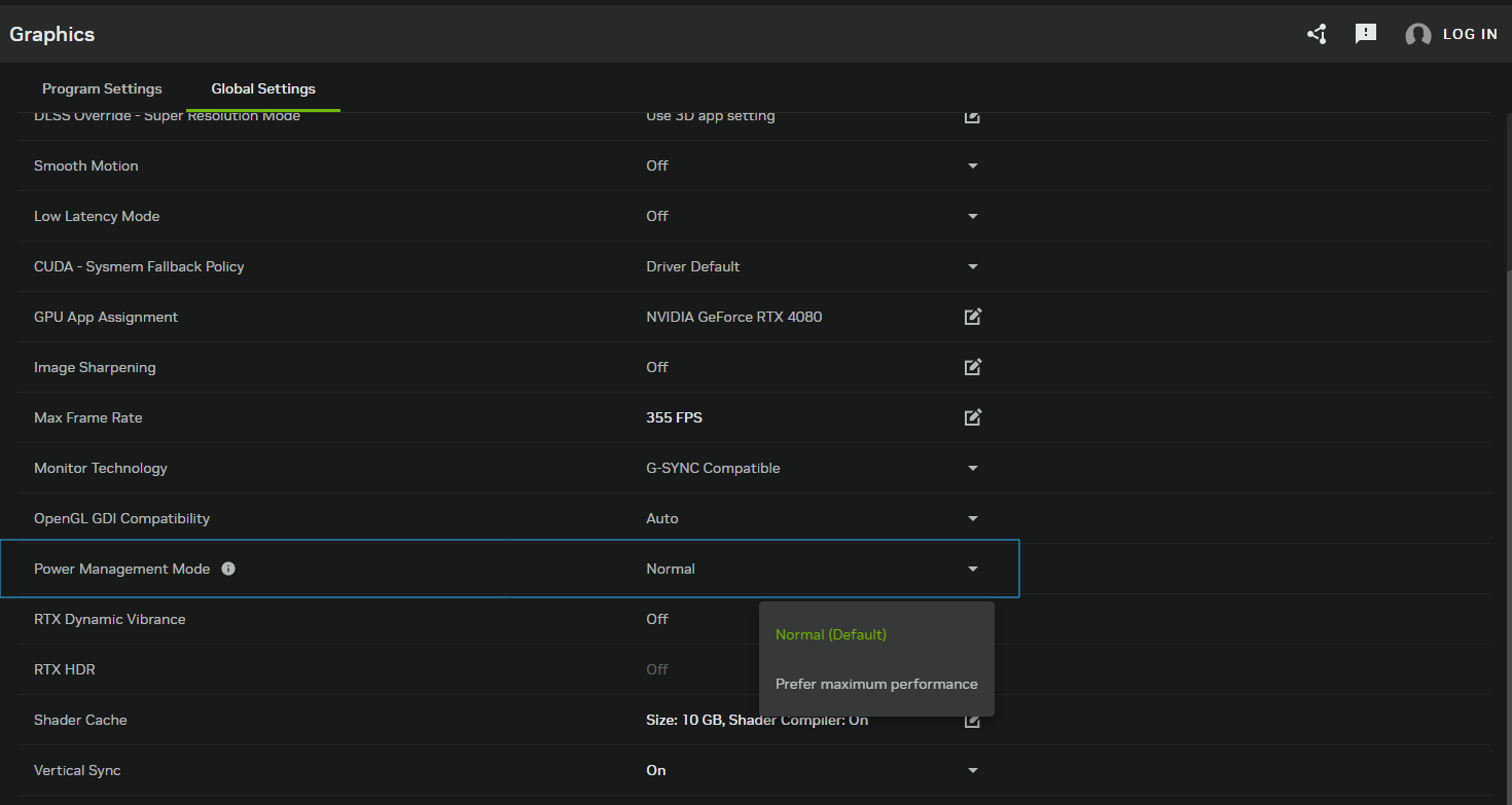 Image of how to change NVIDIA App power management mode setting.