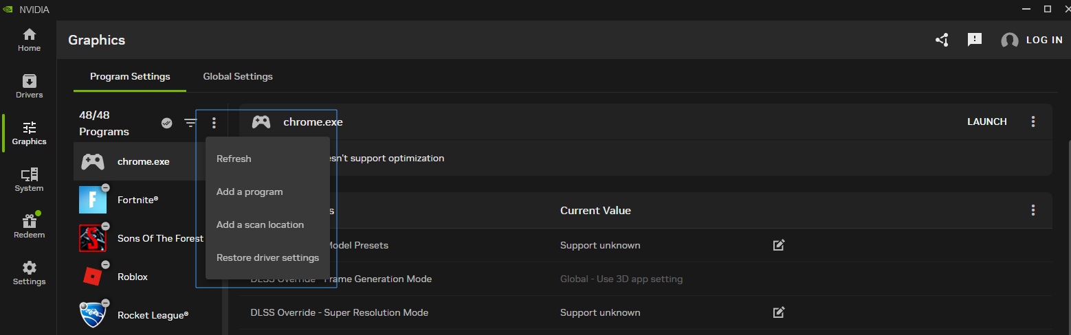 Image of how to restore NVIDIA App Program settings.