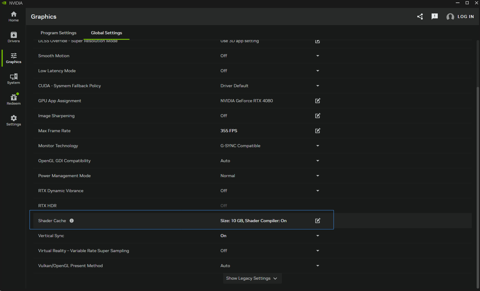 Image of how to change NVIDIA App Shader Cache setting.