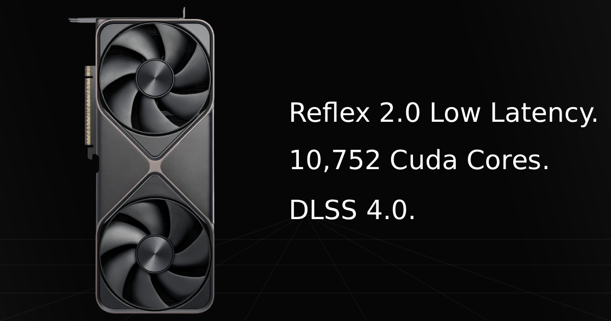 Bottom fan profile view of the Nvidia RTX 5080 graphics card with overlay text listing three key specifications and features: Reflex2.0 Low Latency, 10,752 Cuda Cores, and DLSS 4.0.