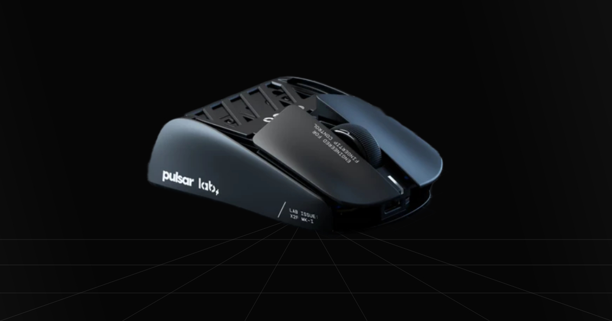 Front profile view of the Pulsar Lab X2F gaming mouse on a black backdrop.
