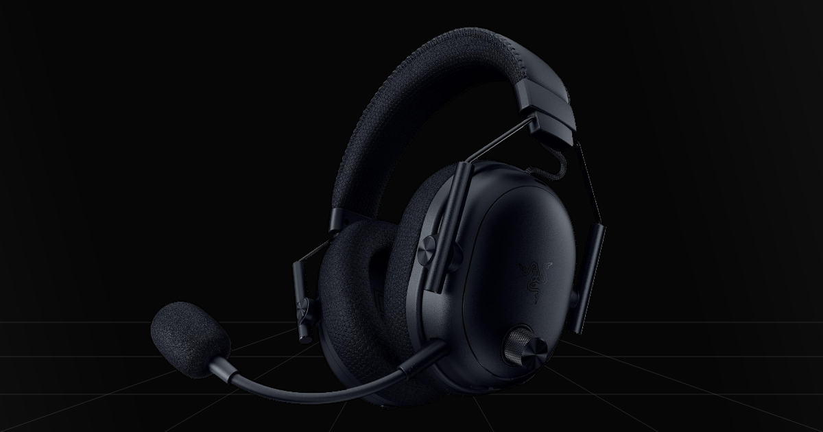 Front profile view of the Razer BlackShark V3 Pro gaming headset on a black backdrop.