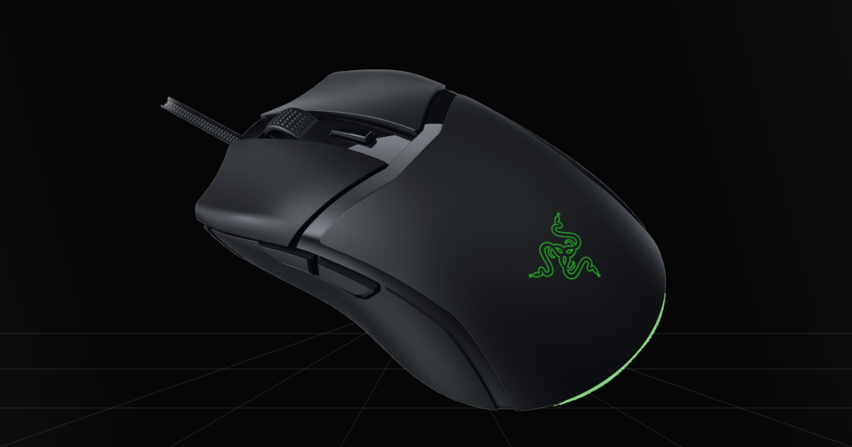 Top down back profile view of the Razer Cobra Wired gaming mouse on a black backdrop.