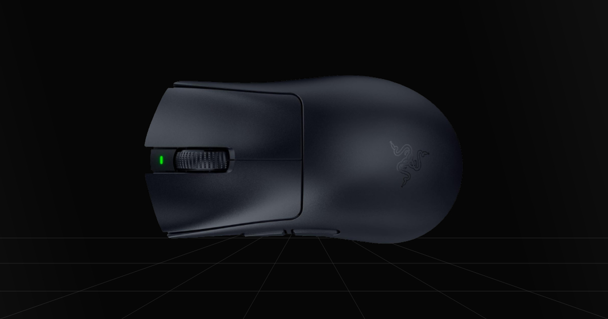 Top down profile view of the Razer DeathAdder V4 Pro gaming mouse on a black backdrop.