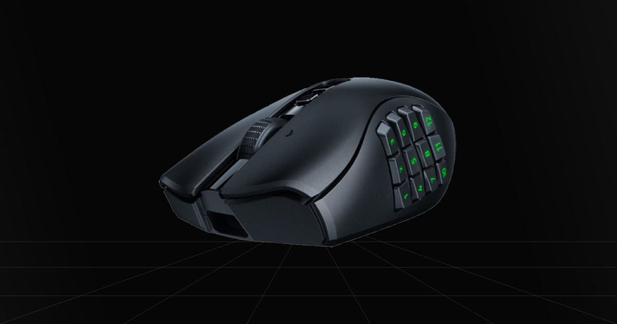 Front profile view of the Razer Naga V2 HyperSpeed gaming mouse on a black backdrop.