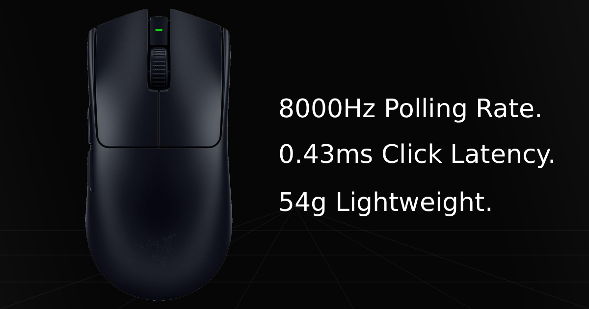 Top-down profile view of the Razer Viper V3 Pro gaming mouse with overlay text listing three key specifications and features: 8000Hz Polling Rate, 0.43ms Click Latency, and 54g Lightweight.